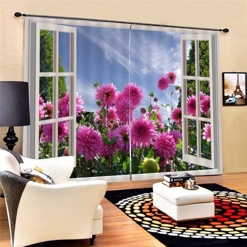 Fake Windows and Pink Flowers Curtains 3D Floral Themed Curtains Drapes 2 Panel Set for Living Room Bedroom Decoration Window