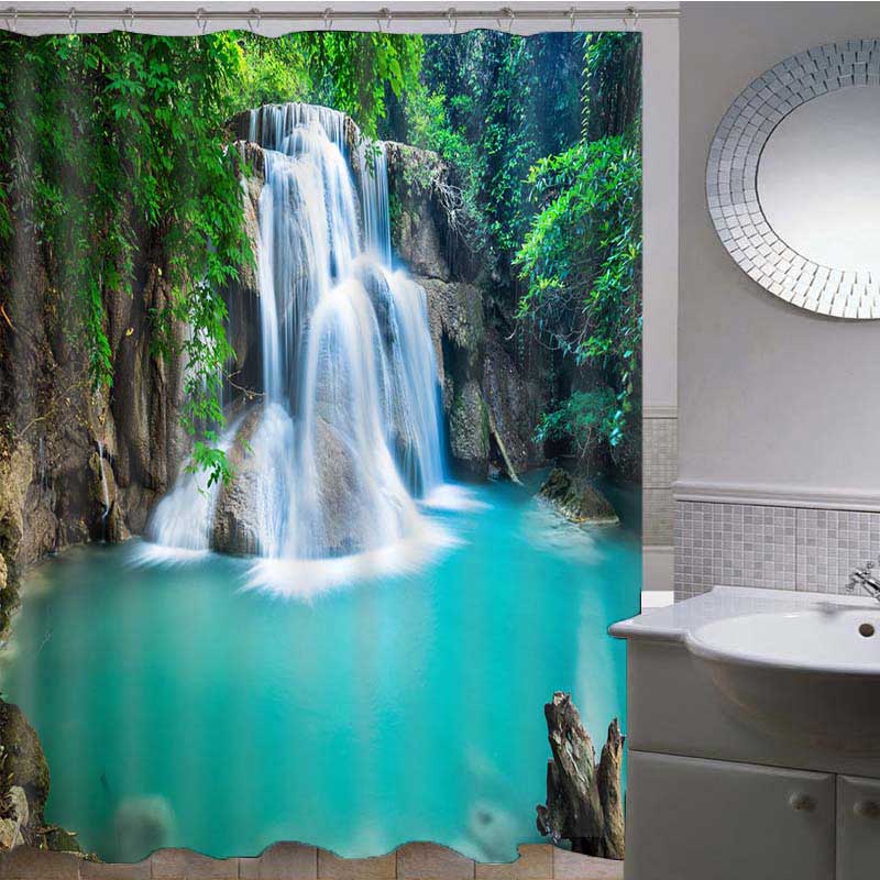 3D Gorgeous Waterfall and Blue Pond Painted Water-proof Decorative Private Bathroom Shower Curtain Bath Mat