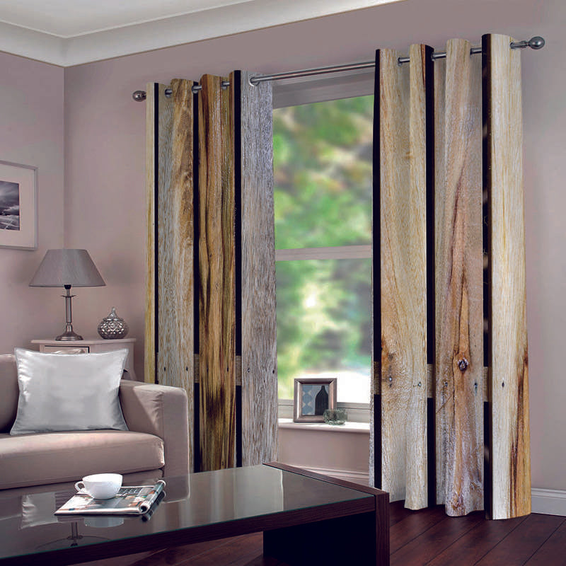 Vintage Rustic Style Window Curtains Natural Wooden Printed Blackout 3D Scenery Curtains 2 Panels