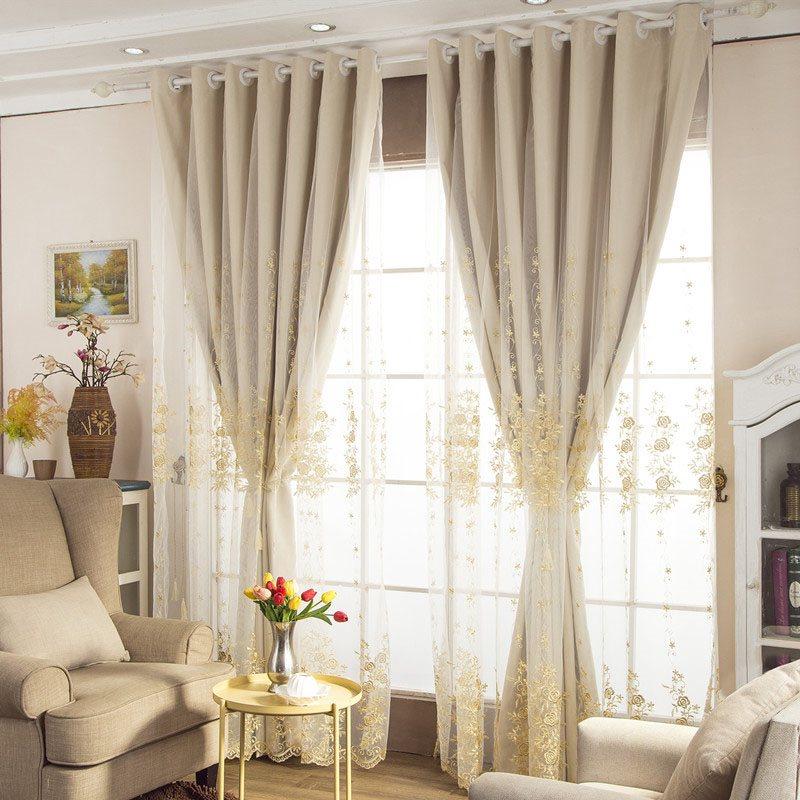 European Floral Rose Embroidery Curtain Sets Sheer and Lining Blackout Curtains Full Shading Double Curtains for Living Room Bedroom Decoration Ultraviolet-Proof No Pilling No Fading No off-lining