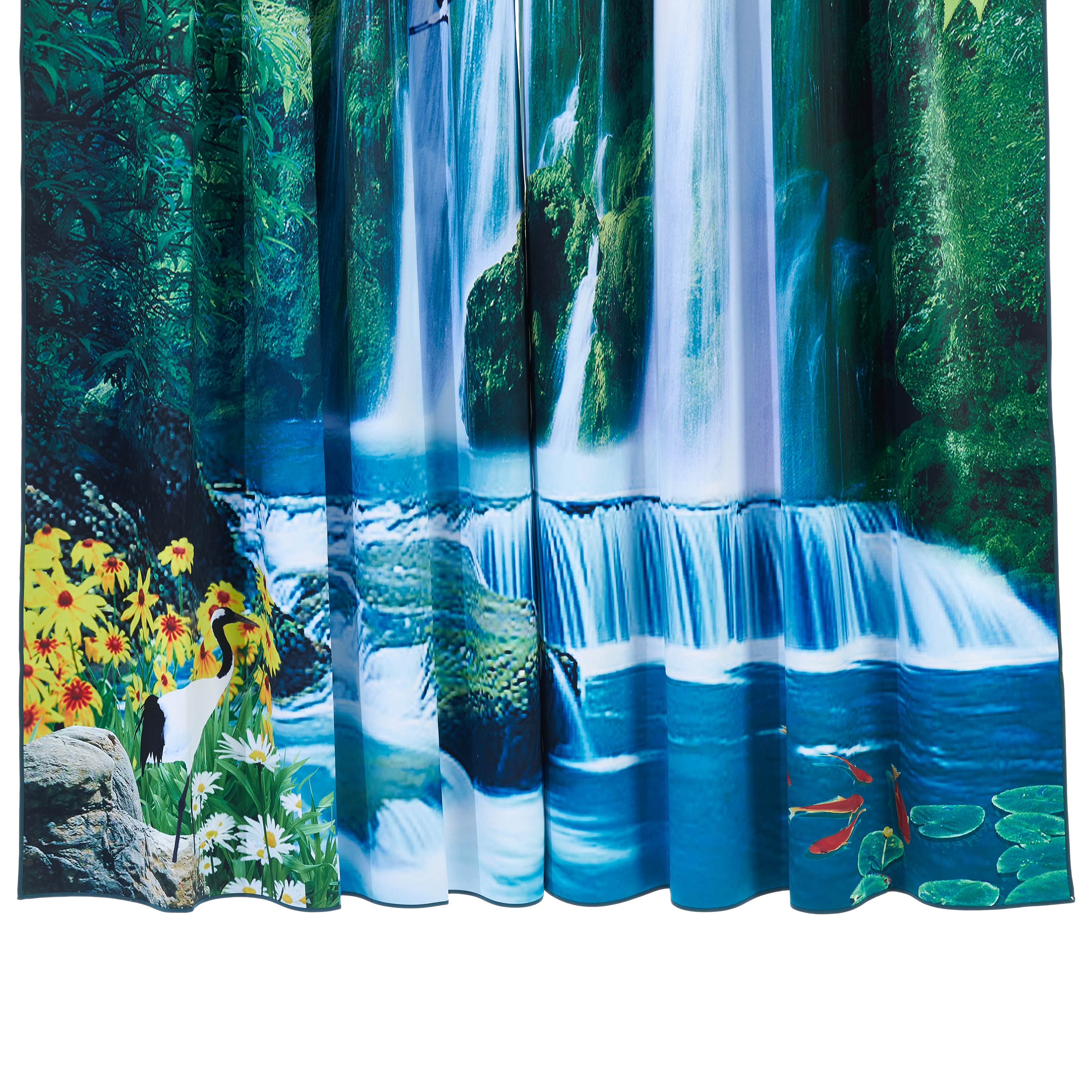 3D Waterfall Green Mountains Sunflowers and Cranes Scenery Printed Custom Living Room Curtain