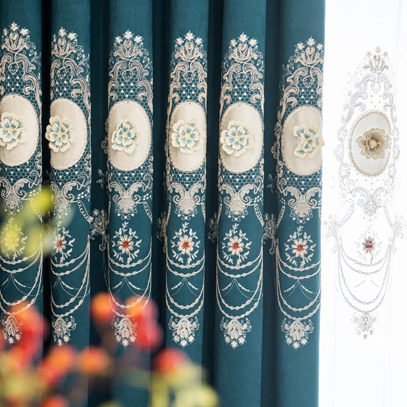 Chenille Elegant Blackout Curtains High Quality Blue European Relief Embroidery Window Curtains Sheer for Living Room Bedroom Custom Set of 2 Panels