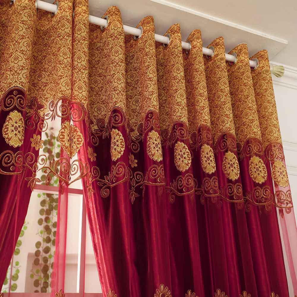 Classical Red Pattern Shading Sheer Beads Polyester Curtain