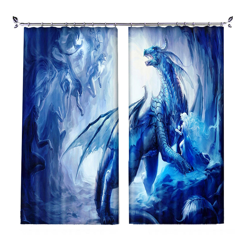 3D Dragon and Elves Cartoon Blue Curtain Bathroom Blackout