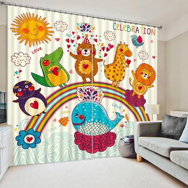 3D Cute Cartoon Animals with Rainbow Printed Decorative and Blackout Curtain