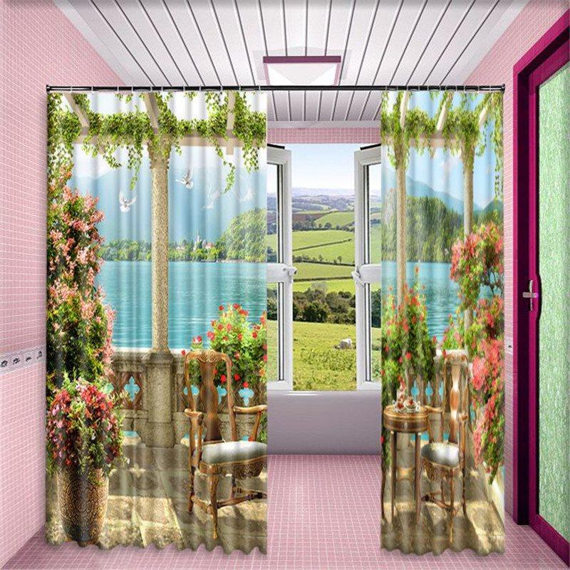 Peaceful Lake and Delicate Flowers Pavilion Printed 2 Panels Blackout Living Room Curtain