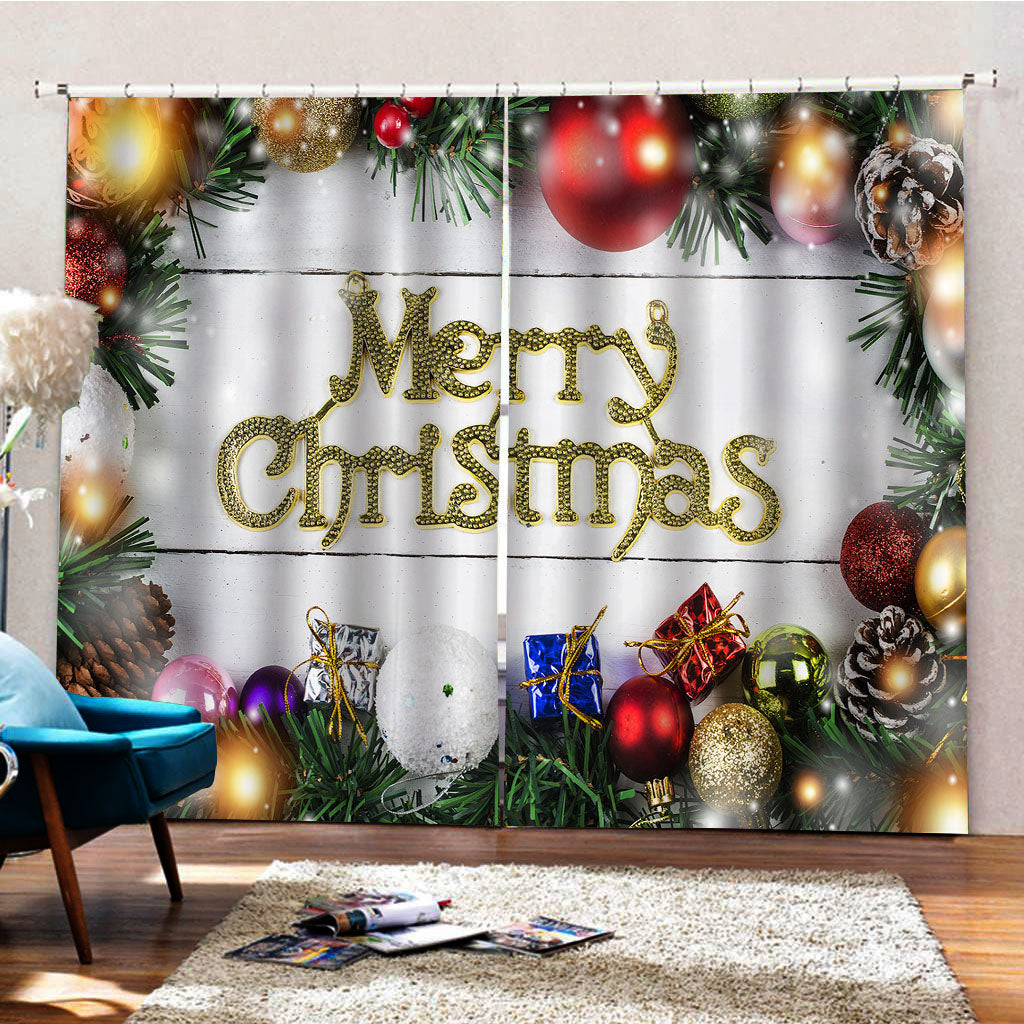 Christmas 3D Digital Print Curtain with Pine Leaves Ball Classic Design Print