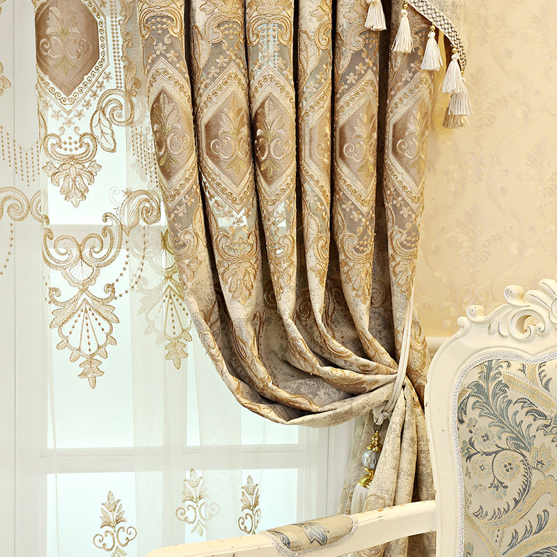 Chenille Elegant Blackout Curtains High Quality Beige European Embroidery Window Curtains Shading Curtains Sheer Valance for Living Room Bedroom Custom Set of 2 Panels