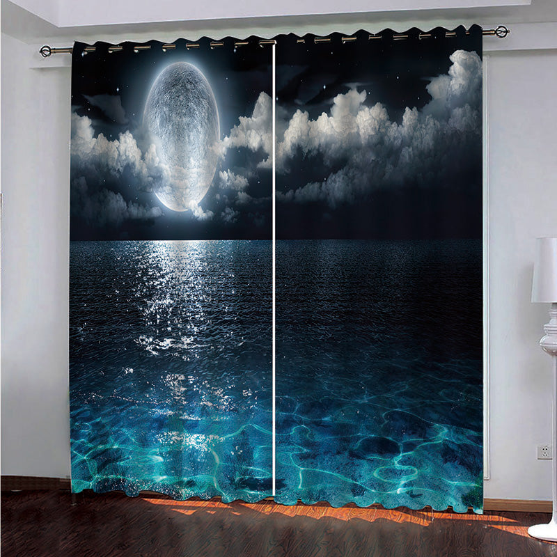 3D Printed Night Sky Window Curtains Modern Polyester Decoration Blackout Full Moon and Foggy Clouds with Turquoise Glass Like Sea Ocean Print