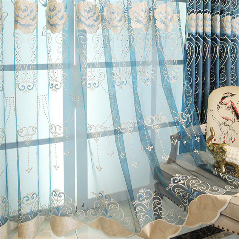 Luxury Blue Blackout Curtains Exquisite Floral Embroidery Sheer Window Shading Curtains Valance for Living Room Bedroom Custom Set of 2 Panels Drapes