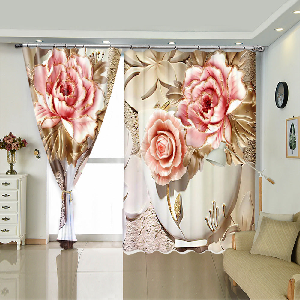 3D Elegant Pink Flowers Printed Artificial Work Decorative Blackout and Dust-proof Custom Curtain for Living Room Bedroom