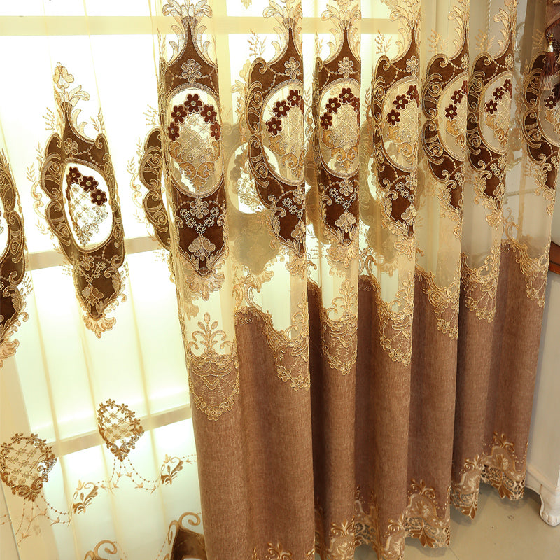 Golden Jacquard Luxury Hollowed Design Exquisite Chenille Valance Shading Curtain Sheer 2 Panels for Living Room Bedroom