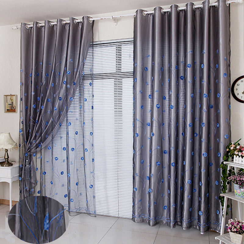 Noble Embroidered Blackout Curtains for Living Room Bedroom Thick Polyester Purple Shading Cloth and Sheer Curtain Set No Pilling No Fading No off-lining