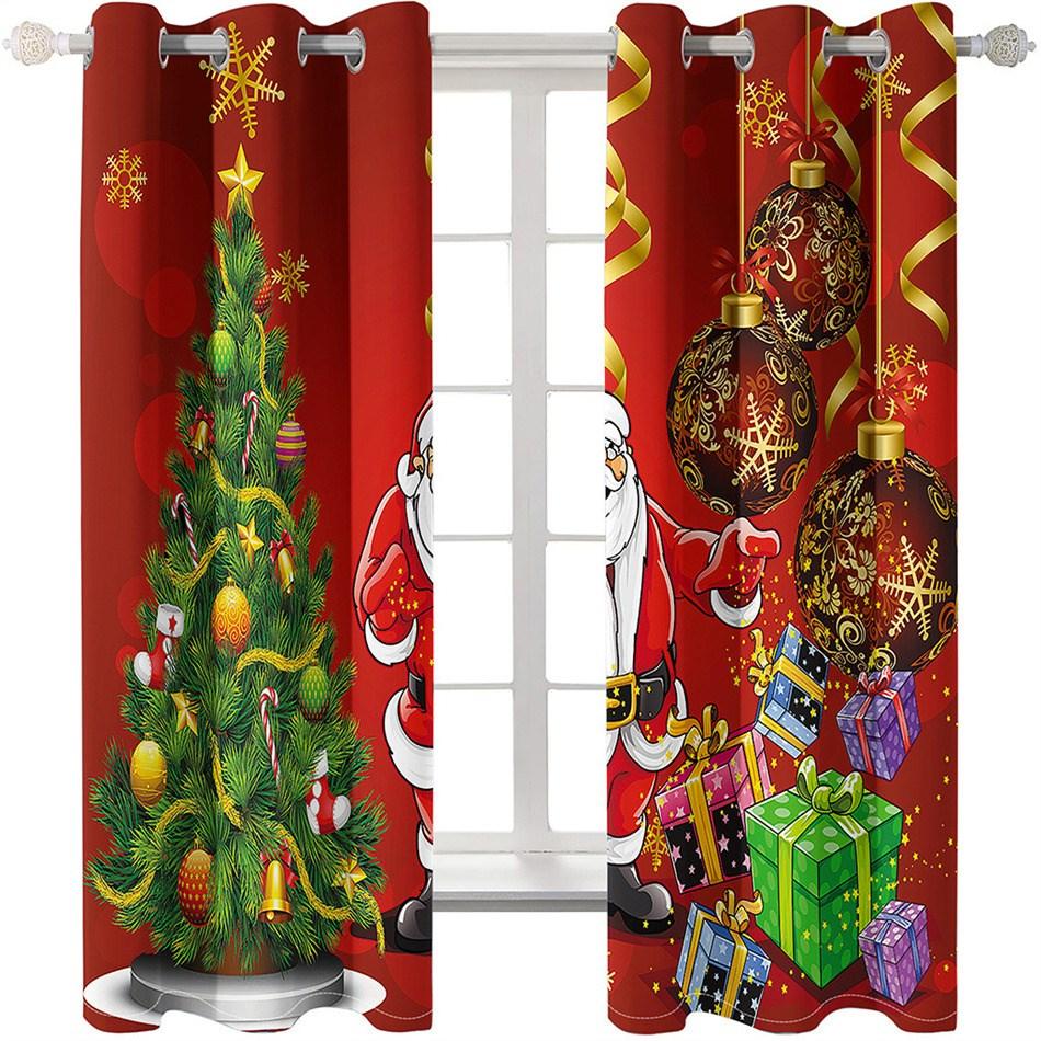 3D Blackout Curtains Christmas Red Santa Claus Christmas Tree Christmas Bells Xmas Print Curtains for Living Room Bedroom Window Drapes 2 Panel Set