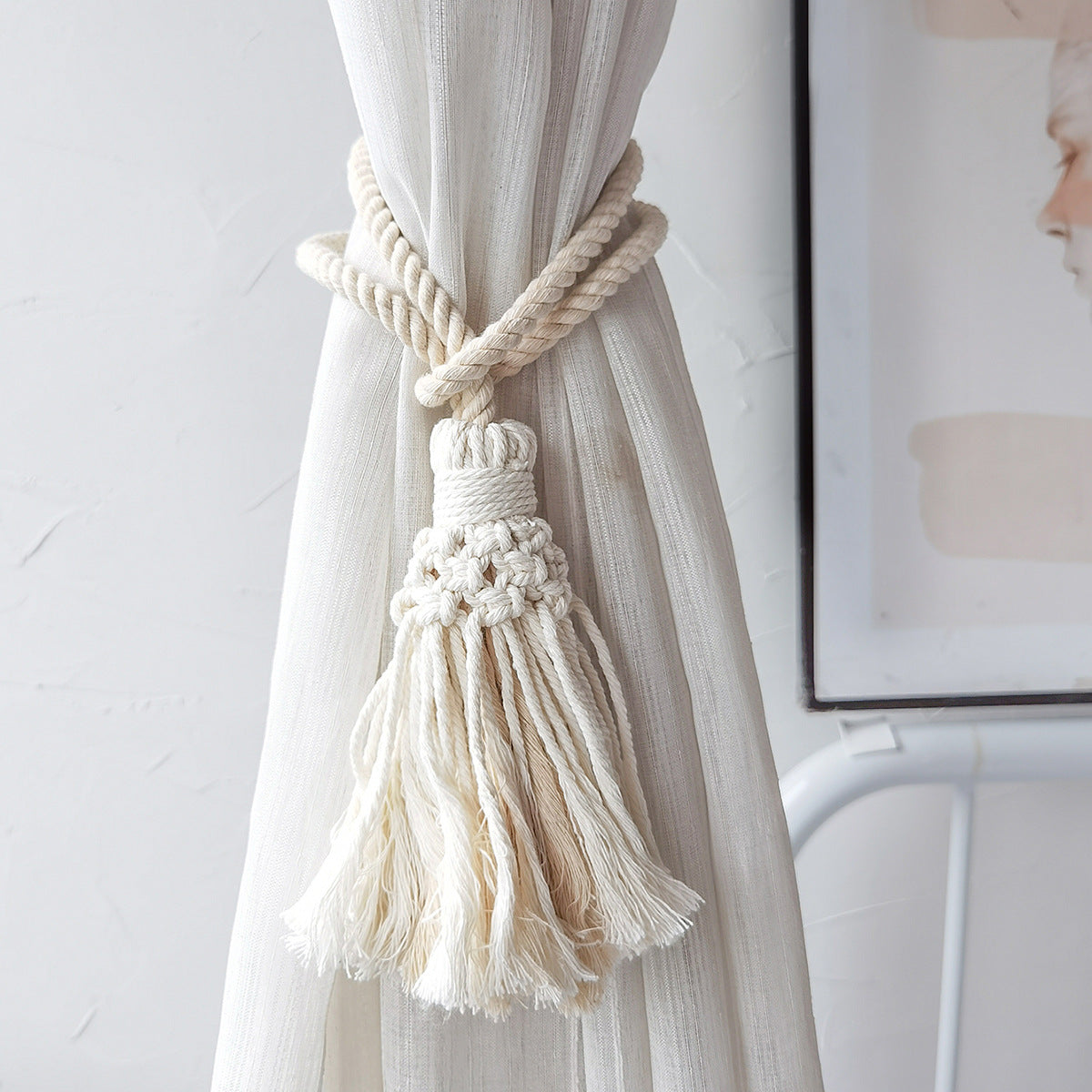 Nordic White Curtain Tiebacks Tassel Leaf Shape 1 Pair Hand-woven Cotton Rope Curtain Buckle Ornaments