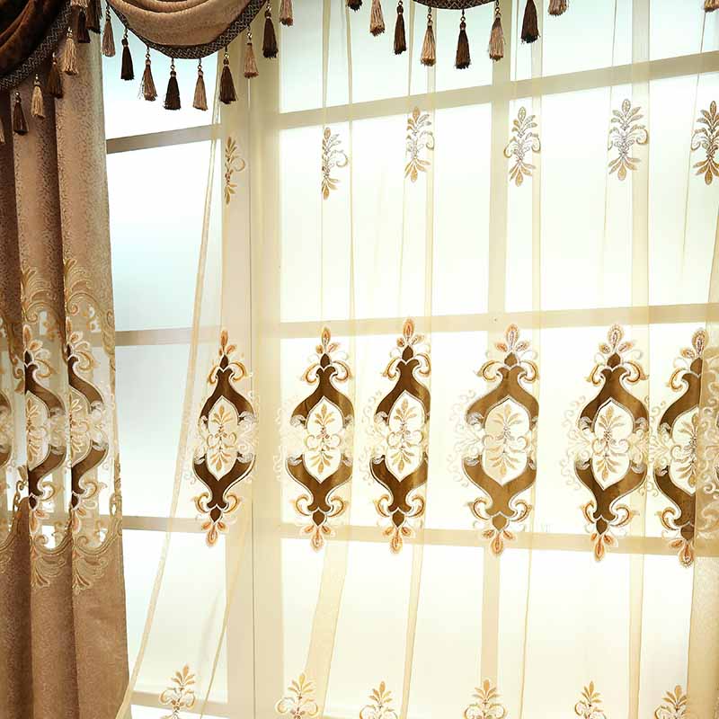 Elegant Embroidery Sheer Curtain Coffee Tulle for Living Room Bedroom Window Decoration Custom 2 Panels Drapes Breathable Voile