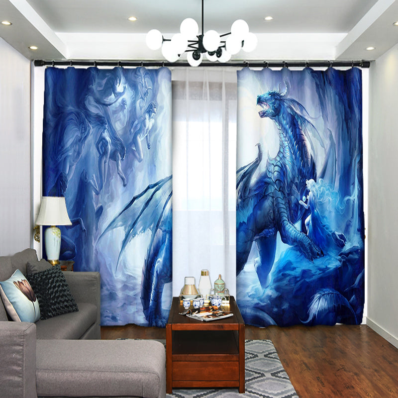 3D Dragon and Elves Cartoon Blue Curtain Bathroom Blackout