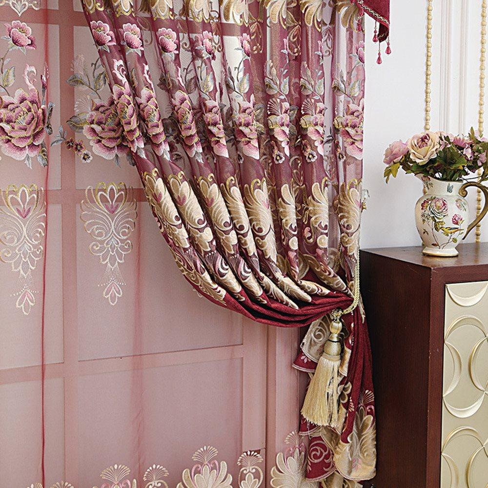 European Red Embroidery Hollowed-out Shading Curtains and Sheer for Living Room Bedroom Decoration High-end Floral Curtains Custom 2 Panels Drapes Chenille