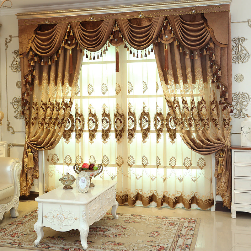 Golden Jacquard Luxury Hollowed Design Exquisite Chenille Valance Shading Curtain Sheer 2 Panels for Living Room Bedroom