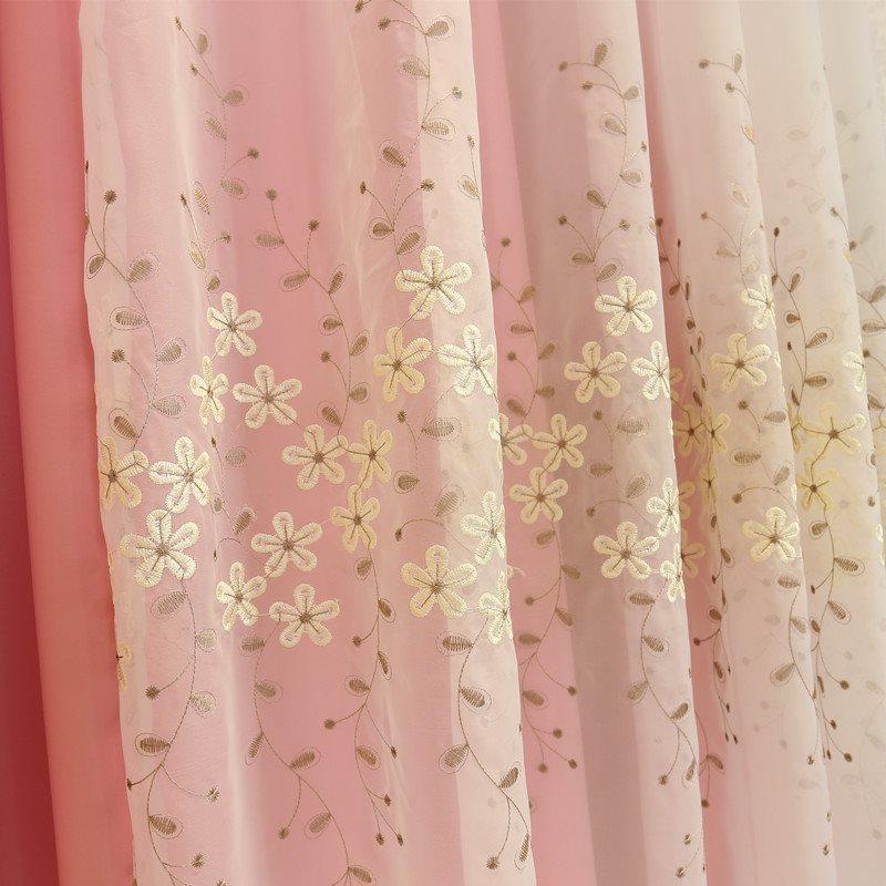 Rustic Window Curtains Floral Embroidery Sheer and Pink Cloth Sewing Together Curtain Sets