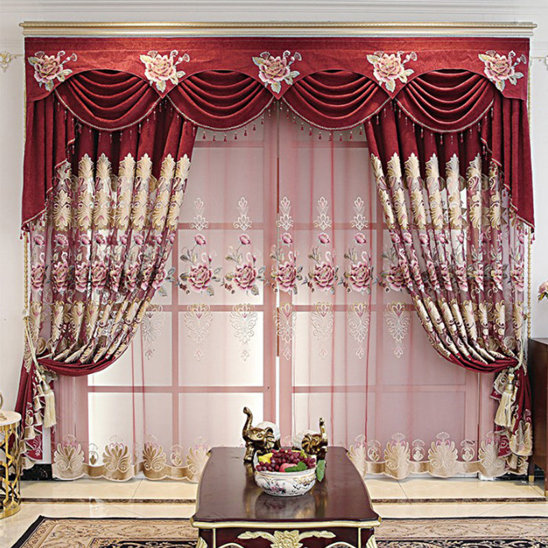 European Red Embroidery Hollowed-out Shading Curtains and Sheer for Living Room Bedroom Decoration High-end Floral Curtains Custom 2 Panels Drapes Chenille