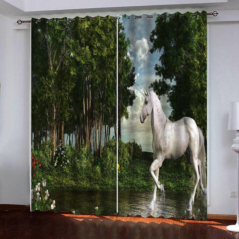 3D Blackout Curtains Horse in Forest Window Treatments Animal and Plant Print Curtains Panels for Living Room Bedroom Window Drapes 2 Panels Set Home Decorations