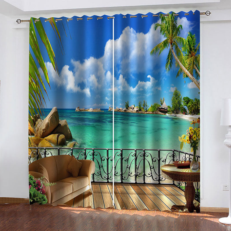 3D Printed Ocean Beach Tropical Palms Holiday Paradise Coast Charm Blackout Decorative Curtains Custom 2 Panels Drapes No Pilling No Fading No off-lining