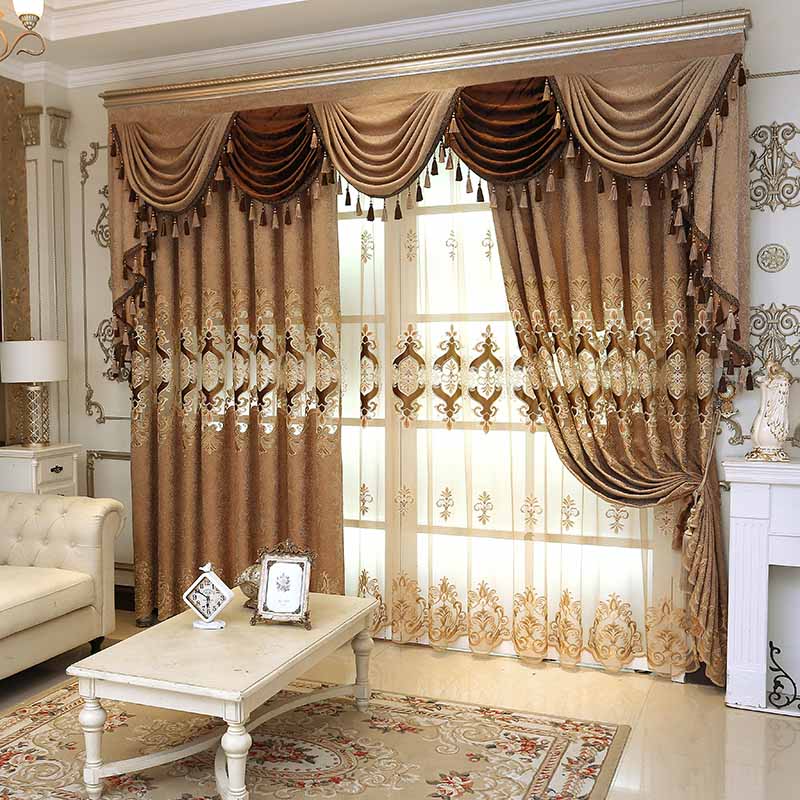 Elegant Embroidery Sheer Curtain Coffee Tulle for Living Room Bedroom Window Decoration Custom 2 Panels Drapes Breathable Voile