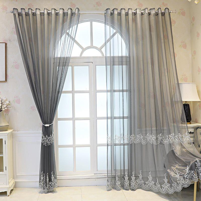 Embroidery Tulle Nail Bead Gray Luxury Sheer Curtains for Living Room Bedroom Decoration Custom 2 Panels Breathable Voile Drapes