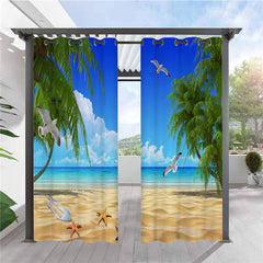 Modern 3D Outdoor Curtains Sea View Beach Grommet Top Cabana Curtain Waterproof Sun-proof Heat-insulating Polyester 2 Panels