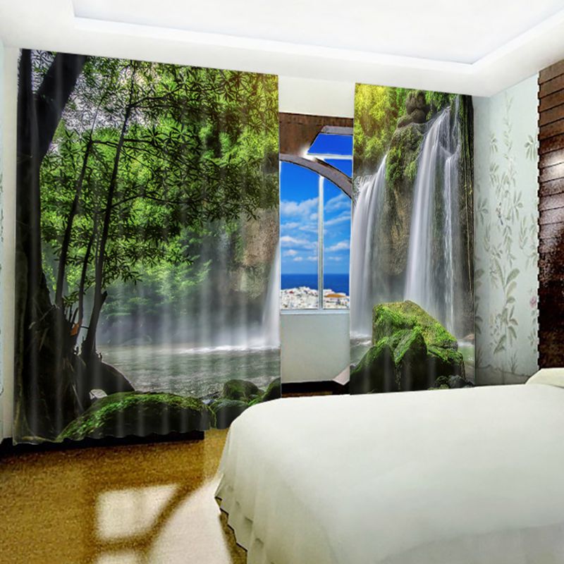 3D Rolling Waterfalls and Luxuriant Forest Printed 2 Panels Living Room Blackout Curtain