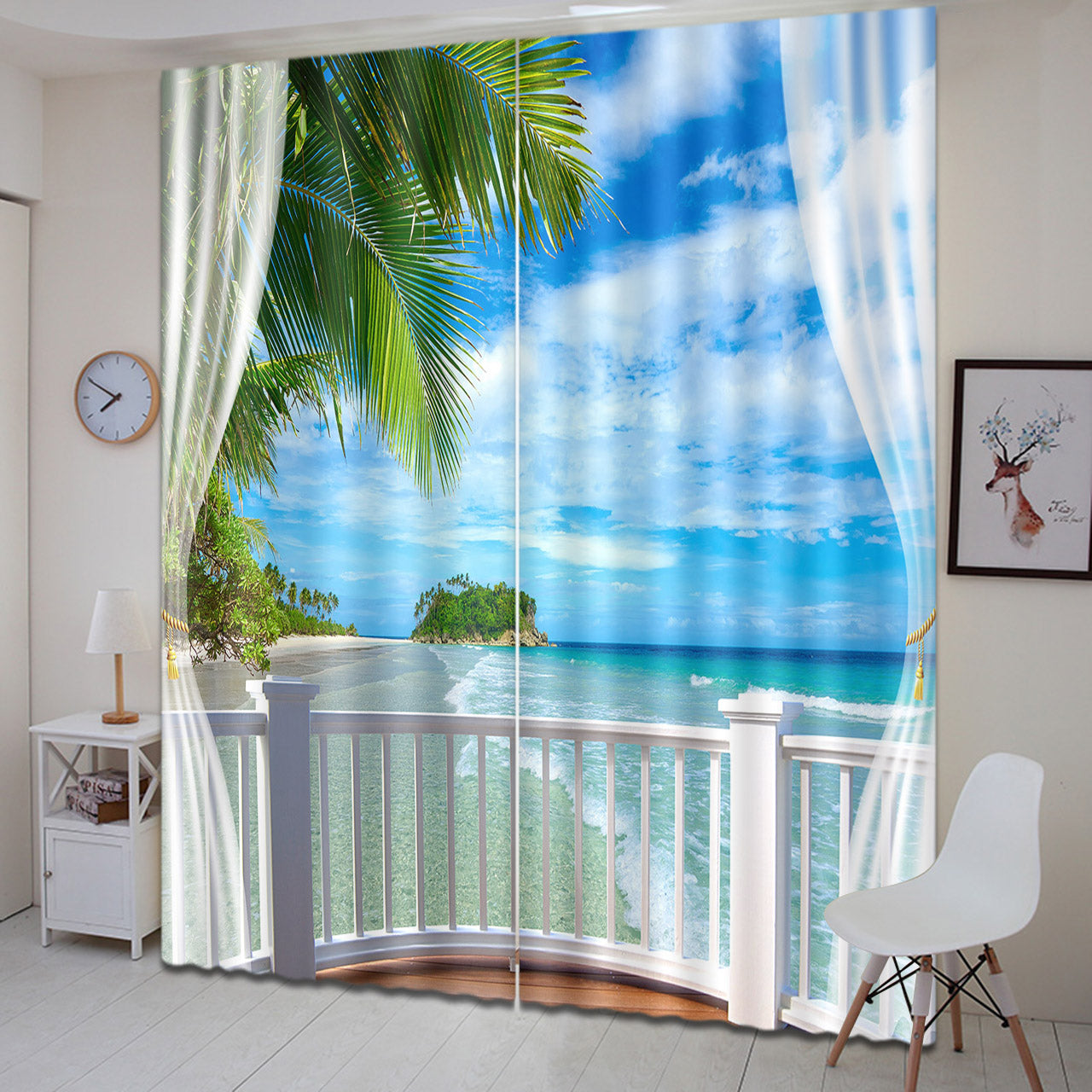 3D Seaside Beach Blue Sky White Cloud Printed Curtain