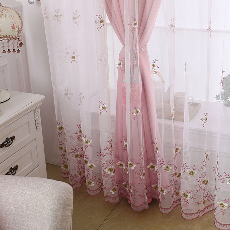 Embroidery  Decorative Blackout Cloth and Sheer Sewing Together Pink 2 Panels Curtain