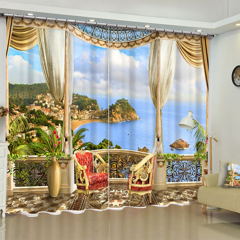 3D Luxury Leisure Pavilion With Blue Sea Printed Custom Living Room Curtain