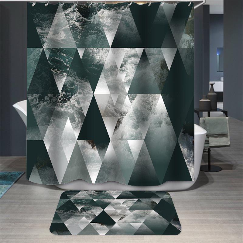 3D Shower Curtain Gray Black Triangle and Waves Pattern Bathroom Partition Curtain Set Durable Waterproof Mildew Proof Polyester