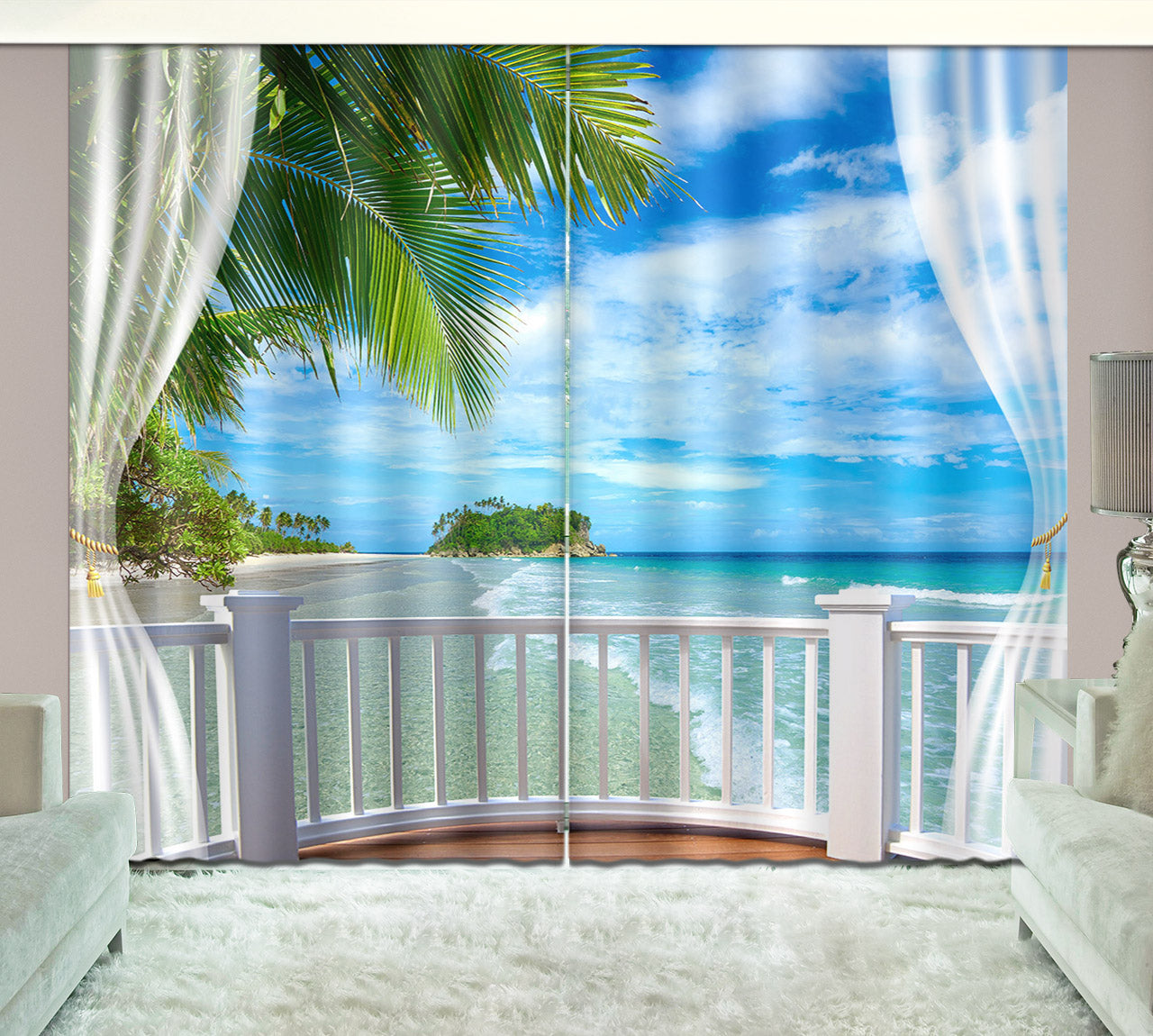 3D Seaside Beach Blue Sky White Cloud Printed Curtain