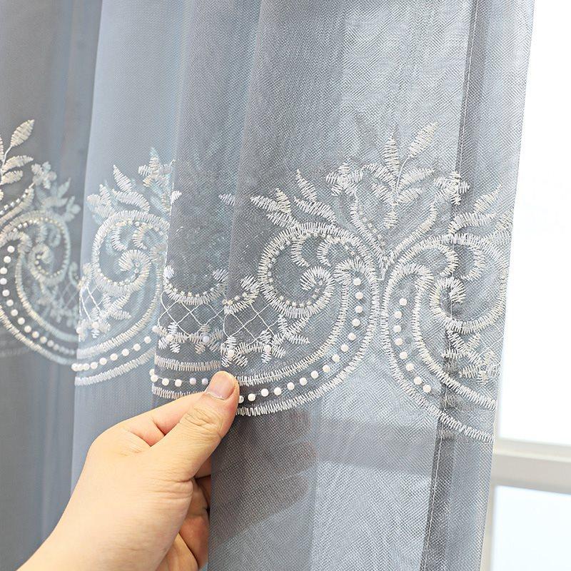 Embroidery Tulle Nail Bead Gray Luxury Sheer Curtains for Living Room Bedroom Decoration Custom 2 Panels Breathable Voile Drapes