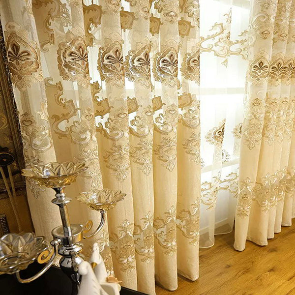 Blackout and Decoration Chenille Classic Shading Curtain Organza Sheer Embroidered Beige Grommet Top Curtain