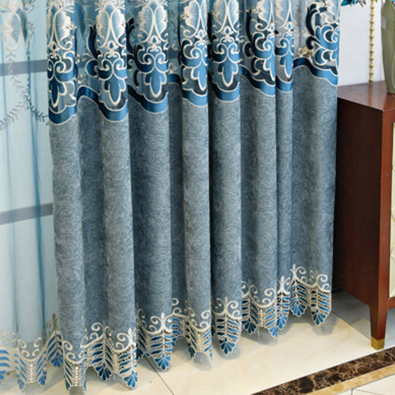 European Vintage Blackout Curtains High Quality Elegant Blue Chenille Embroidery Window Curtains Sheer for Living Room Bedroom 2 Panels Drapes