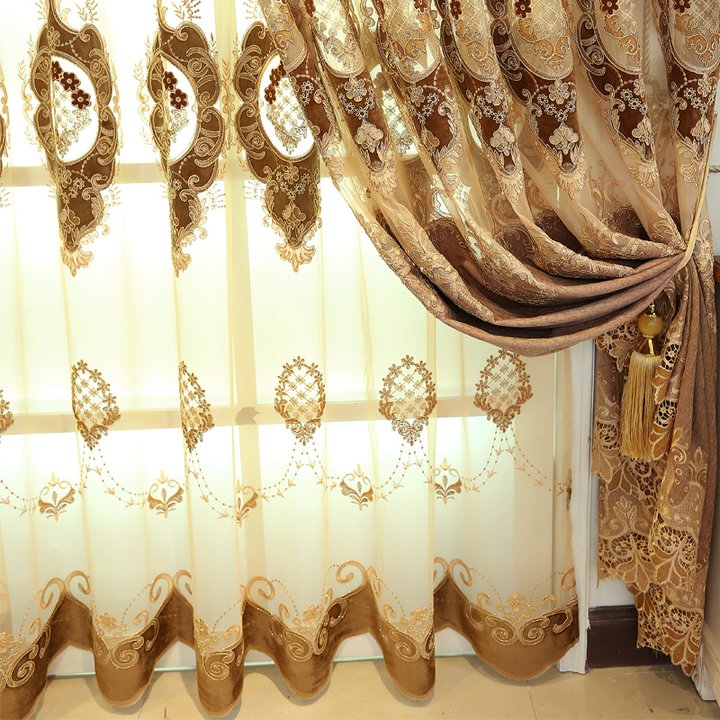 Golden Jacquard Luxury Hollowed Design Exquisite Chenille Valance Sheer Curtain for Living Room Bedroom