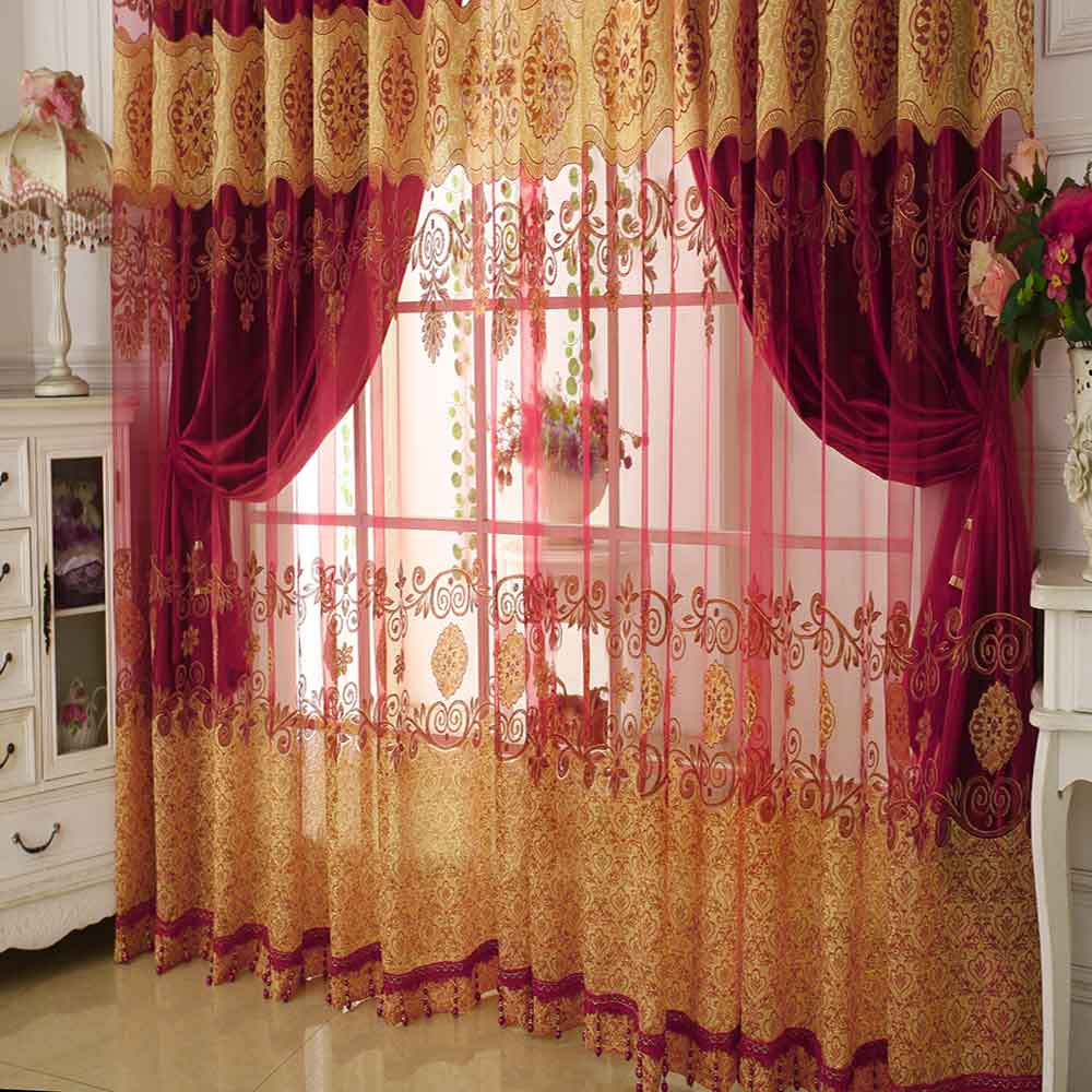 Classical Red Pattern Shading Sheer Beads Polyester Curtain