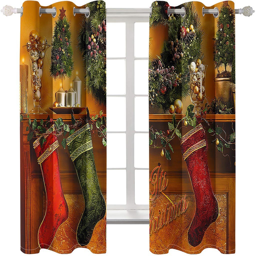 Christmas Trees and Socks Christmas 3D Curtains Xmas Red Print Living Room Bedroom Window Drapes 2 Panel Set