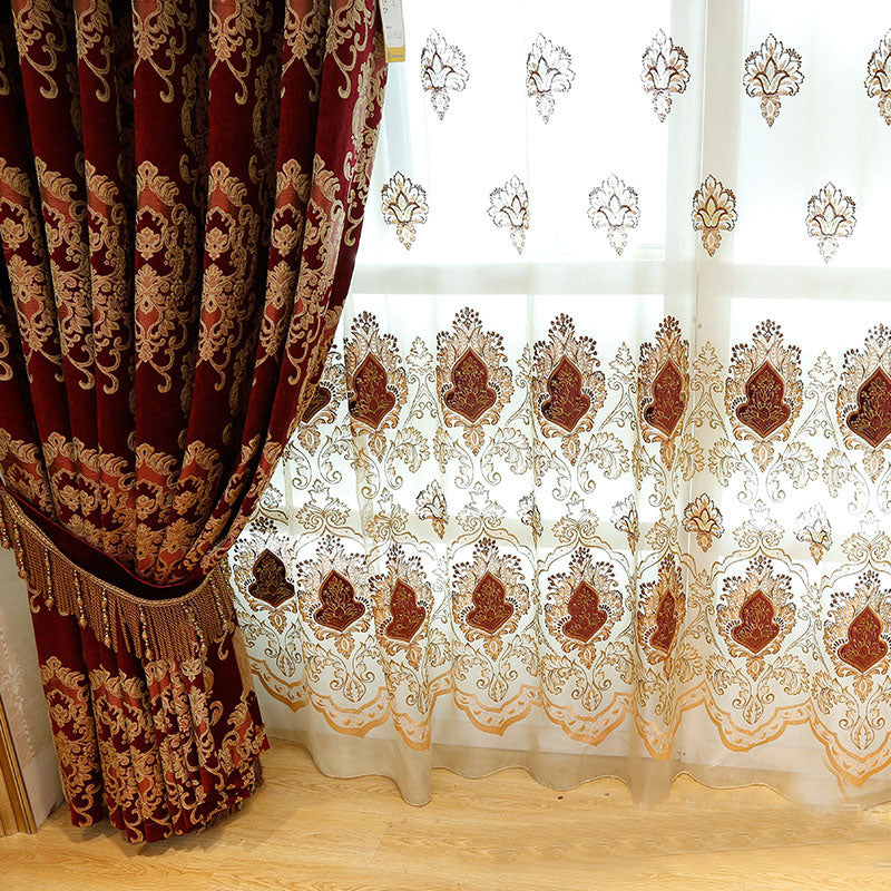 Luxury Chiffon Embroidery Sheer Curtain Blackout Burgundy Tulle for Living Room Bedroom Window Decor 2 Panels Drapes Breathable Voile