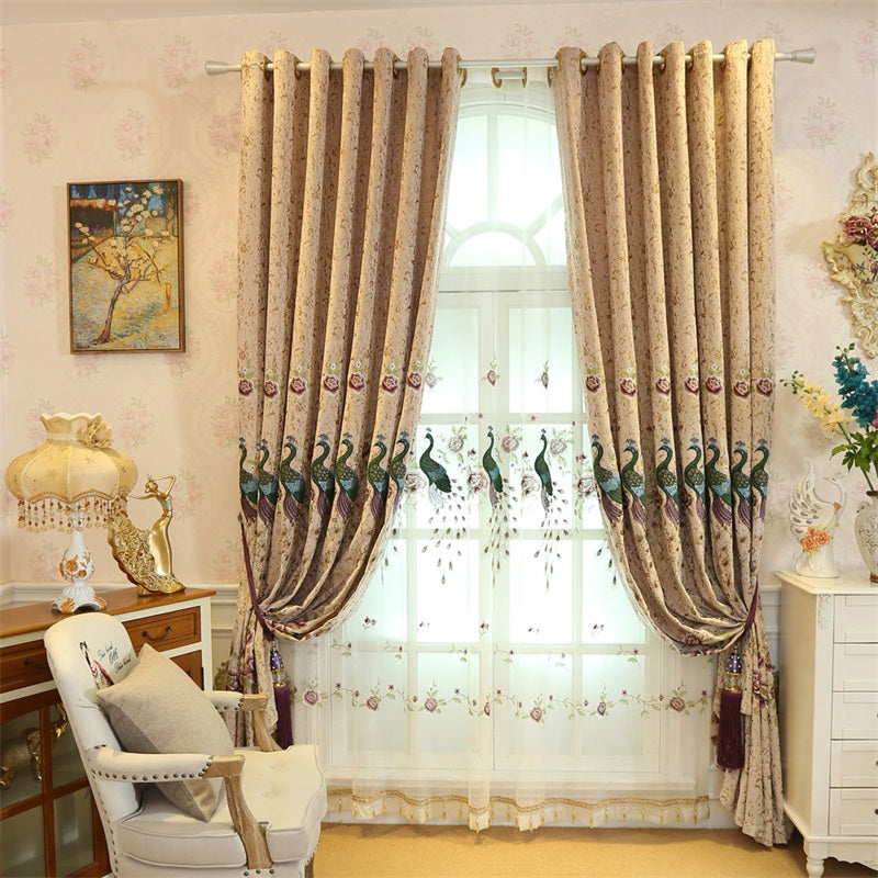 Elegant and Modern Embroidered Peacocks 2 Panels Living Room Sheer Curtain