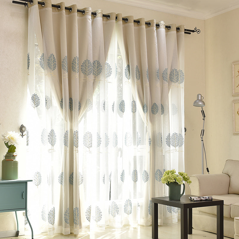 Blue Leaf Embroidered Sheer and Beige Cloth Sewing Together Window Decoration Custom Curtain Sets