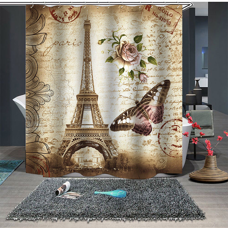 3D Eiffel Tower and Butterfly Printed Polyester Bathroom Shower Curtain