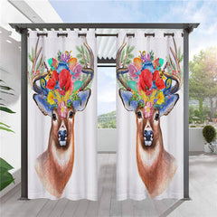 Modern Outdoor Curtains Deer and Flower 3D Animal Pattern Cabana Grommet Top Curtain Waterproof Sun-proof Heat-insulating 2 Panels