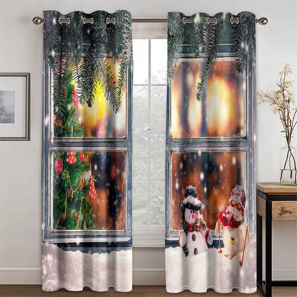 3D Blackout Curtains Christmas Fake Window Snowman Xmas Print Curtains for Living Room Bedroom Window Drapes 2 Panel Set