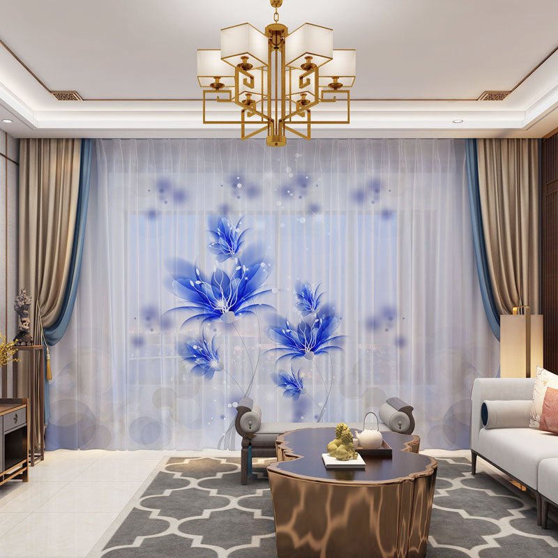 3D Chinese Style Elegant and Decorative Sheer with Blue Floral Epiphyllum Image