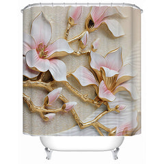 White Magnolia Pattern Polyester Waterproof and Eco-friendly 3D Shower Curtain